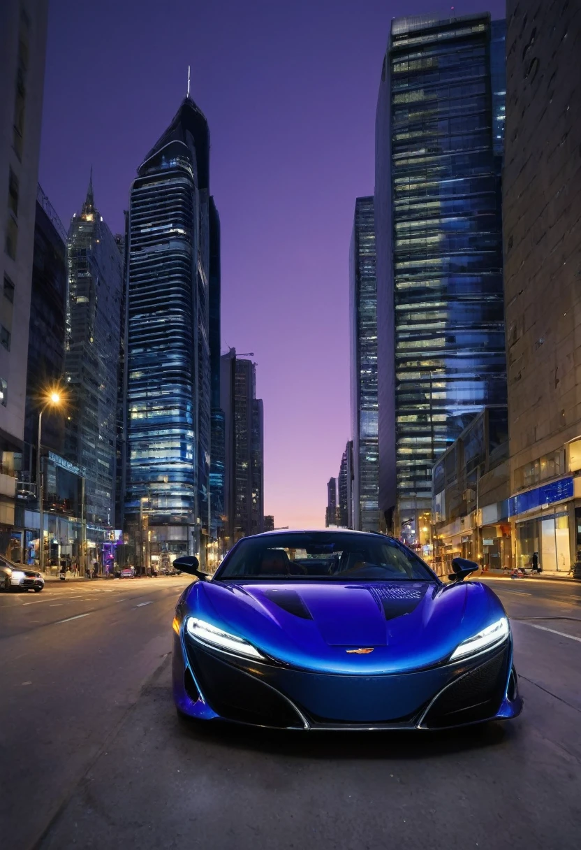 The image shows a bright blue car positioned in the center of a city street as night falls. The perspective is from a low angle in front of the car, highlighting its modern and elegant design, with distinct headlights and a prominent grille featuring a logo at the center. The street is flanked by tall buildings, creating an urban canyon effect. In the background, under a gradually darkening sky turning shades of purple and black, more skyscrapers fade into atmospheric perspective. There are no visible people or moving traffic, giving an impression of stillness and focus on the vehicle. The lighting suggests it is late afternoon, with building lights starting to come on and elongated shadows cast on the buildings and street