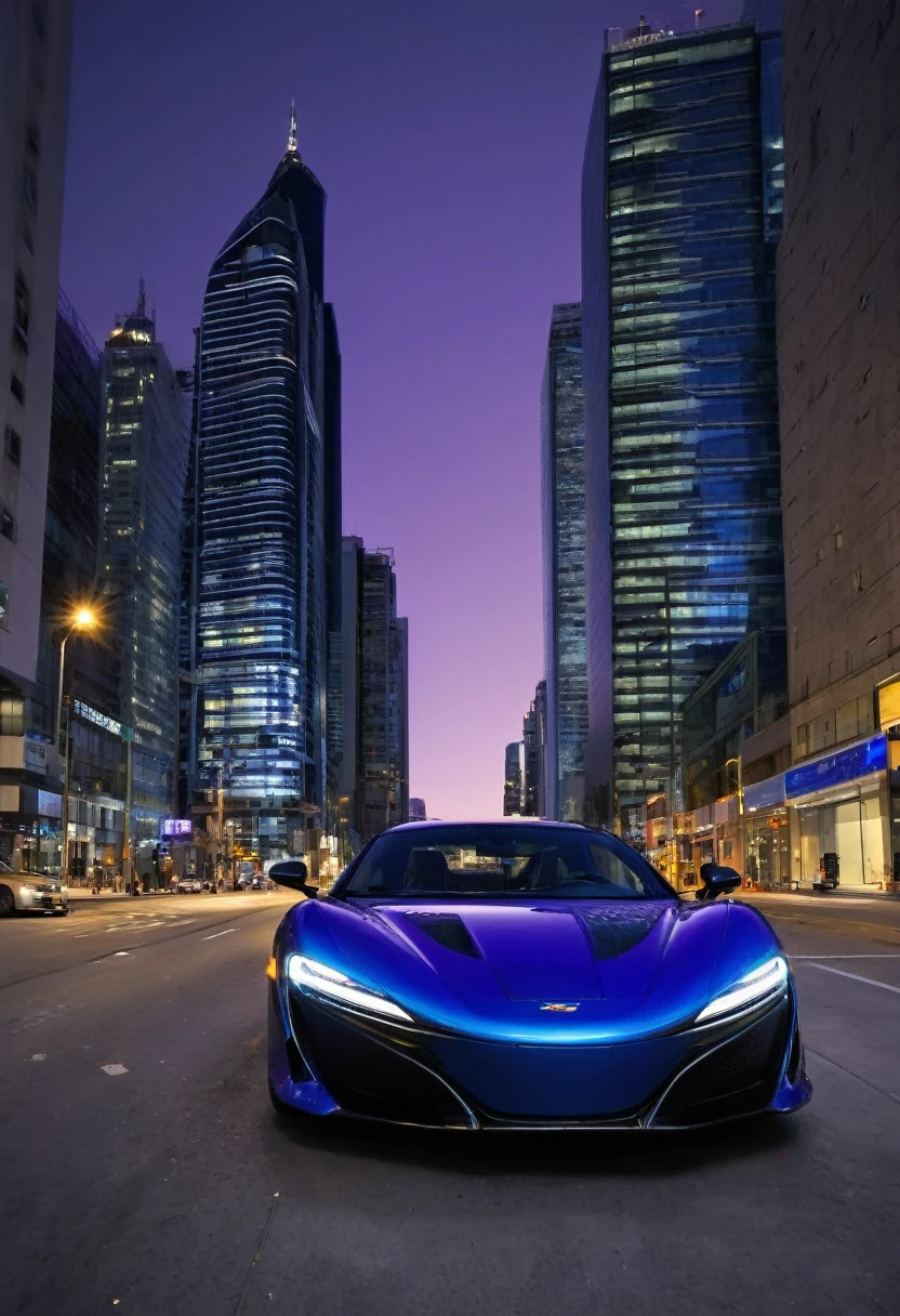 The image shows a bright blue car positioned in the center of a city street as night falls. The perspective is from a low angle in front of the car, highlighting its modern and elegant design, with distinct headlights and a prominent grille featuring a logo at the center. The street is flanked by tall buildings, creating an urban canyon effect. In the background, under a gradually darkening sky turning shades of purple and black, more skyscrapers fade into atmospheric perspective. There are no visible people or moving traffic, giving an impression of stillness and focus on the vehicle. The lighting suggests it is late afternoon, with building lights starting to come on and elongated shadows cast on the buildings and street