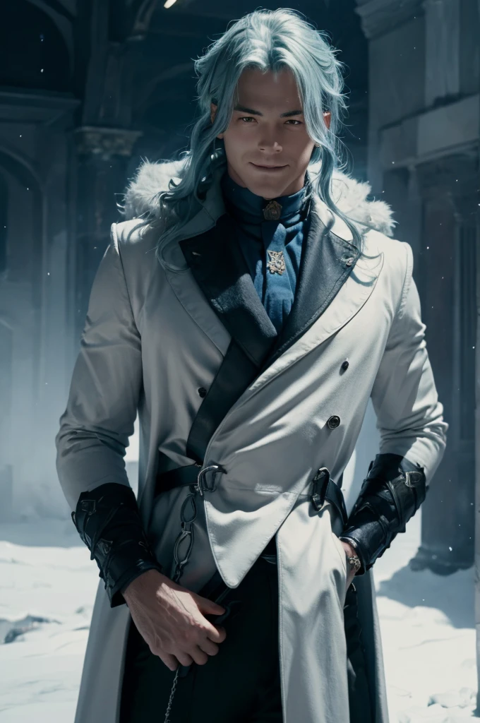 In realistic painting portrait of high quality and detail, Dottore (Genshin Impact), 2000's movie style, , 1man, full body, 30-year-old man, sharp features, detailed face, evil smiling expression, He has long blue hair and red eyes. He is wearing a white coat with silver inserts over a blue shirt and loose black trousers. There are a lot of black belts and blue details on the clothes, dark and moody lighting, portrait, contrasting colors, subtle shadows, mysterious atmosphere, outdoors, snow, Red Square on the background, He's stands on the 19th century Red Square, (ultra-high detail:1.2), Masterpiece, Best Quality, Ultra-detailed, Cinematic lighting, 8K, delicate features, cinematic, 35 mm lens, f/1.9, highlight lighting, global lighting –uplight –v 4, Cinematic lighting, 8K, high quality, Highest Quality, (Solo Focus), (extremly intricate:1.3), (Realistic), masterful, Analog style, (Film grain:1.5), (warm hue, cold tone), Mystical powers, fantasy, Depth & Perspective, movie style, dark and mysterious atmosphere,