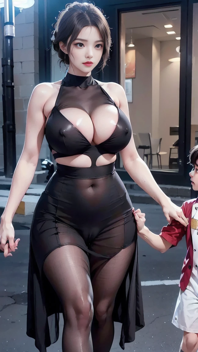 ((medium long shot)), (One ultimate beautiful mature woman), ( 1 women,1 boy), ((mom and son, son holding mom hand:1.4)), very detailed顔, detailed lips, sensual lips, detailed eye, double eyelid, chignon, , ((naked, exposed pussy:1.4))), big and full breasts,big , gigantic breast, (thighs thighs thighs), Exactly, perfect body, perfect face, Depth of the bounds written, perfect image realism, 、Detailed With background, detailed costume, perfect thing、hyper realism、photoreal、8K maximum resolution, (masterpiece), very detailed, Professional, ((feel shy, embarrased, nervous:1.4)), ((in the carnival:1.4)), (( ,black stokings, slim thigh, long leggs, :1.4)), ((exposed big , hard nipples, exposed pussy, exposed vaginas:1.4)), ((see through Ultraman , chignon:1.4))