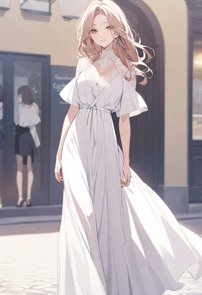 Design a chic character wearing a flowy maxi dress with intricate lace details