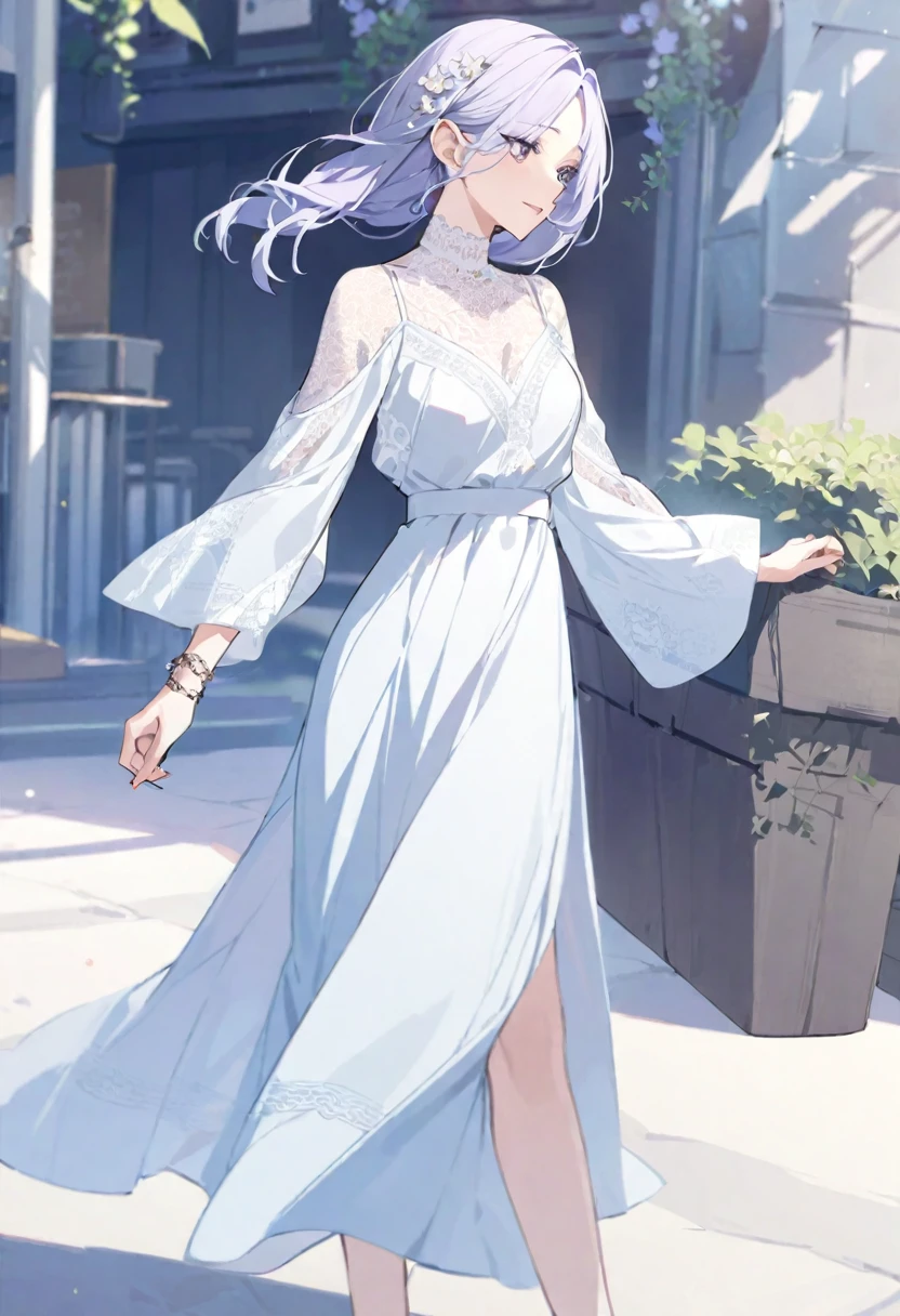 Design a chic character wearing a flowy maxi dress with intricate lace details