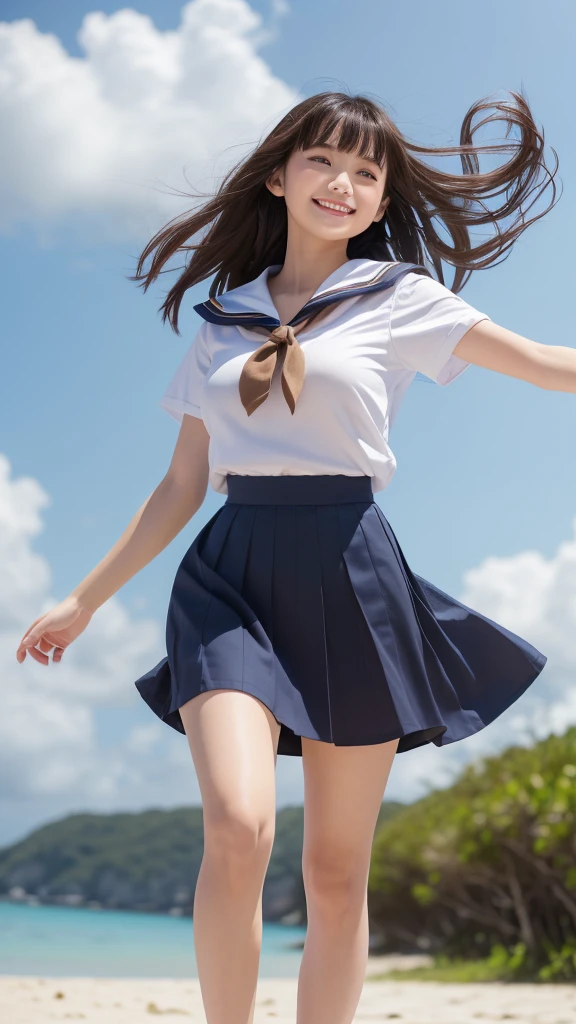 1girl,(((Okinawa ocean)))、(((White sand beaches in Okinawa)))、(((Just join your hands and pray)))、(((Mysterious look)))、8k UHD、Digital single-lens reflex camera、High resolution、Shallow depth of field、Natural light、(((オフショルダーで腕を上げて美しい脇の下をみせてくれる)))、(((Sailor suit)))、(((navy blue super mini skirt)))、(((A sparkling, charming smile)))、(((Full body photography)) )、Small person、(((Young face)))、1 Japanese female、12 years old;beautiful girl、(Black Hair)、A strong wind blows up my skirt、(((Brown eyes)))、Glowing Skin、Smooth Thinning Hair、Long Hair、Detailed background、Detailed eyes and face、Clear Eyes、Cute smile、Calm atmosphere、(((stage)))、(((Small breasts)))、(((Beautiful Eyes)))、Flat chest、Children、(((Toned thighs))) 、(((Angle from below) ))、(((Fine lips)))、(((Skirt fluttering)))、Shining beautiful legs、( Skirt fluttering violently in the strong wind :1.4),   (hair blowing in the strong wind:1.4), (leaning forward)、barefoot、barefoot、((((A skirt flipped up by a strong wind))))