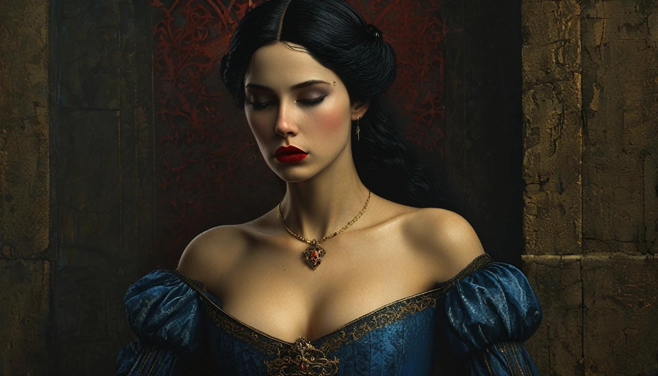 (((medieval style))), image of a princess in a blue dress suffocating, Bill Henson, wearing a super tight corset with bleeding lips, super detailed golden eyes, blood red lips, black hair, super detailed 4k, graphics engine Unreal 5