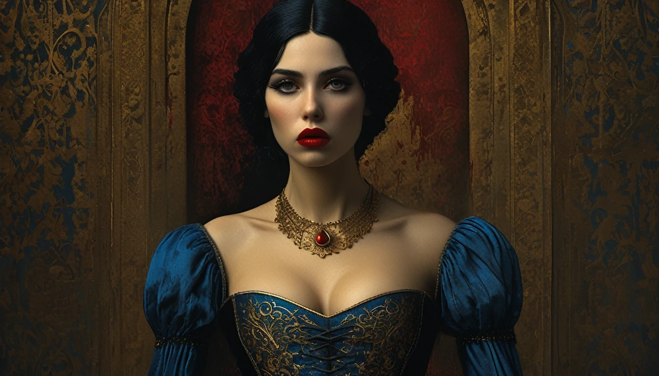 (((medieval style))), image of a princess in a blue dress suffocating, Bill Henson, wearing a super tight corset with bleeding lips, super detailed golden eyes, blood red lips, black hair, super detailed 4k, graphics engine Unreal 5