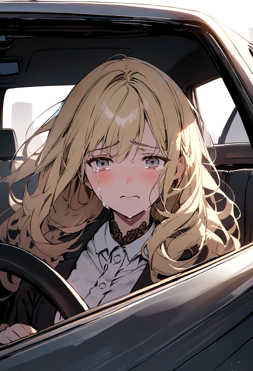 Blonde crying in front of a car accident