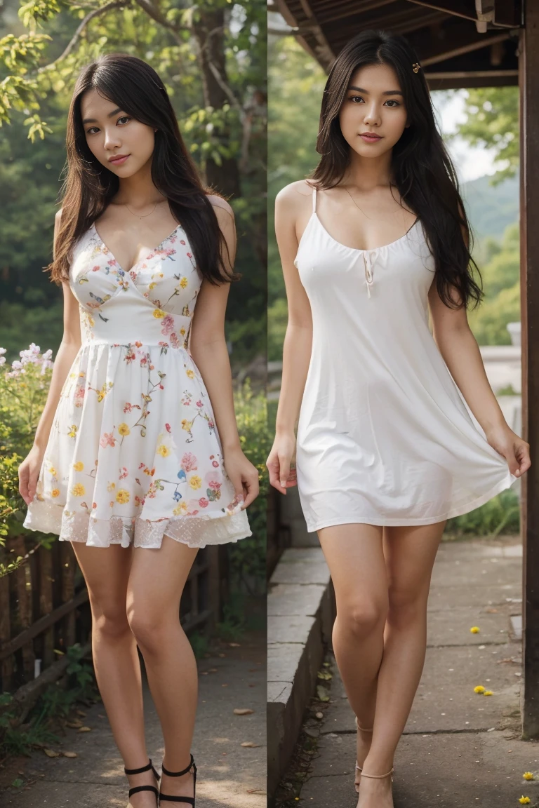 22 year old very innocent looking female from Asian country, her hair should be long black, height should be 5 feet 4 inches, skin color should be a mix of white and yellow, dress should be a light pink fancy dress with small flowers. The body should have a slightly tight dress Her chest area should show nice shape She should be in a beautiful mountainous environment Her full body should be visible She should have a nice smiley face She should have a medium body The photo should be 1024x1920 All the details like a real girl should appear in the photo, it should be a high quality photo, the photo should look like she is looking forward, the face should be realistic.