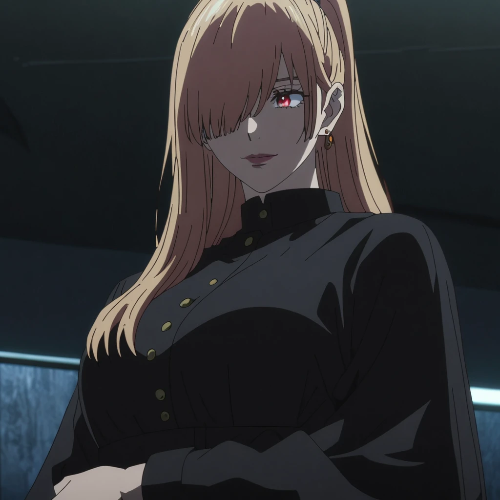 1girl, female gojo satoru, anime screencap from jujutsu kaisen, gojo satoru female version, solo, long_hair, Red eyes ((golden_hair)), night view, (hanging breasts) upper_body, smile, indoors, book, red_eyes, lips, (high ponytail) ((wearing black colour clothes with button)) breast, "very detailed and high resolution" (Red eyes) (cross arms) ((long hair, hair over one eyes)) ((solo)) (front view) (earings) ((high resolution)) ((good quality)) ((side bangs))