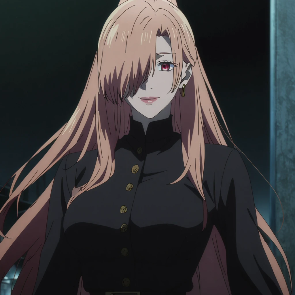 1girl, female gojo satoru, anime screencap from jujutsu kaisen, gojo satoru female version, solo, long_hair, Red eyes ((golden_hair)), night view, (hanging breasts) upper_body, smile, indoors, book, red_eyes, lips, (high ponytail) ((wearing black colour clothes with button)) breast, "very detailed and high resolution" (Red eyes) (cross arms) ((long hair, hair over one eyes)) ((solo)) (front view) (earings) ((high resolution)) ((good quality)) ((side bangs))