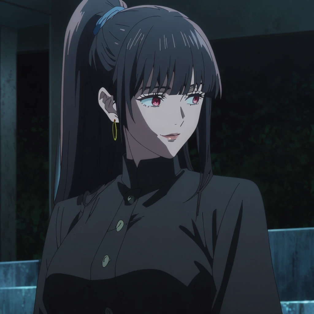 1girl, female gojo satoru, anime screencap from jujutsu kaisen, gojo satoru female version, solo, long_hair, Red eyes ((Black_hair)), night view, (hanging breasts) upper_body, smile, indoors, book, red_eyes, lips, (high ponytail) ((wearing black colour clothes with button)) breast, "very detailed and high resolution" (Red eyes) (cross arms) ((long hair)) ((solo)) (front view) (earings) ((high resolution)) ((good quality)) ((side bangs))