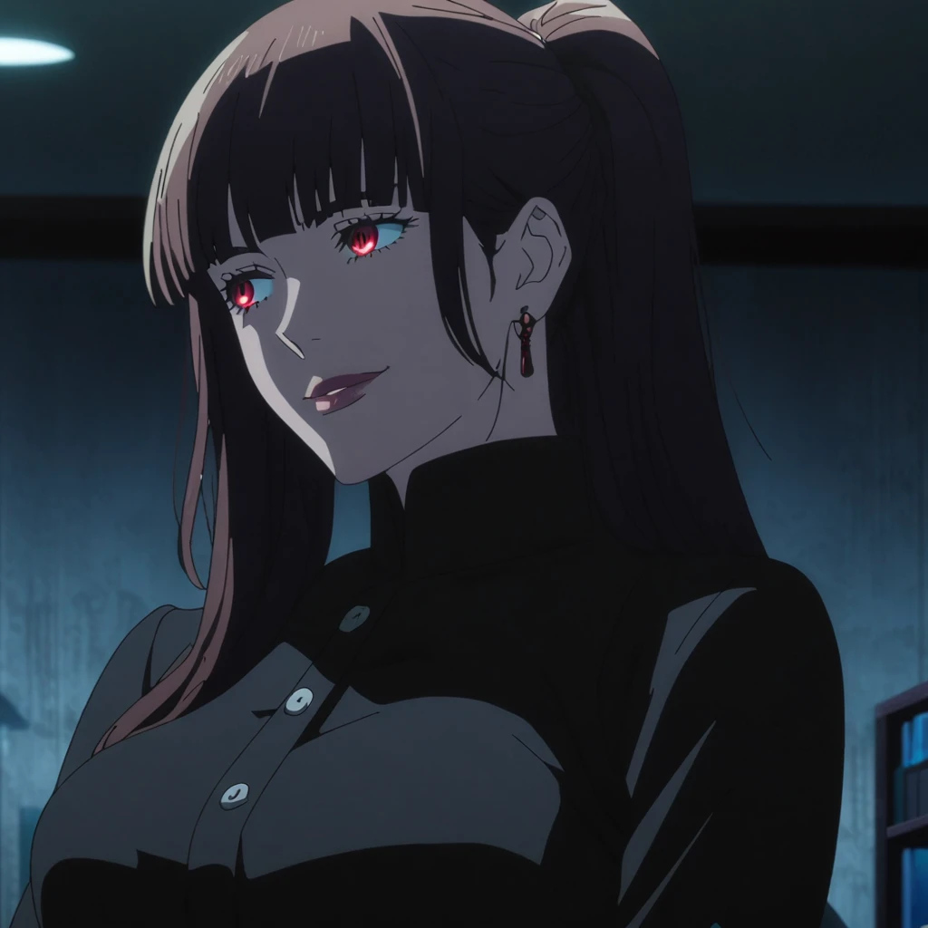 1girl, female gojo satoru, anime screencap from jujutsu kaisen, gojo satoru female version, solo, long_hair, Red eyes ((Black_hair)), night view, (hanging breasts) upper_body, smile, indoors, book, red_eyes, lips, (high ponytail) ((wearing black colour clothes with button)) breast, "very detailed and high resolution" (Red eyes) (cross arms) ((long hair)) ((solo)) (front view) (earings) ((high resolution)) ((good quality)) ((side bangs))