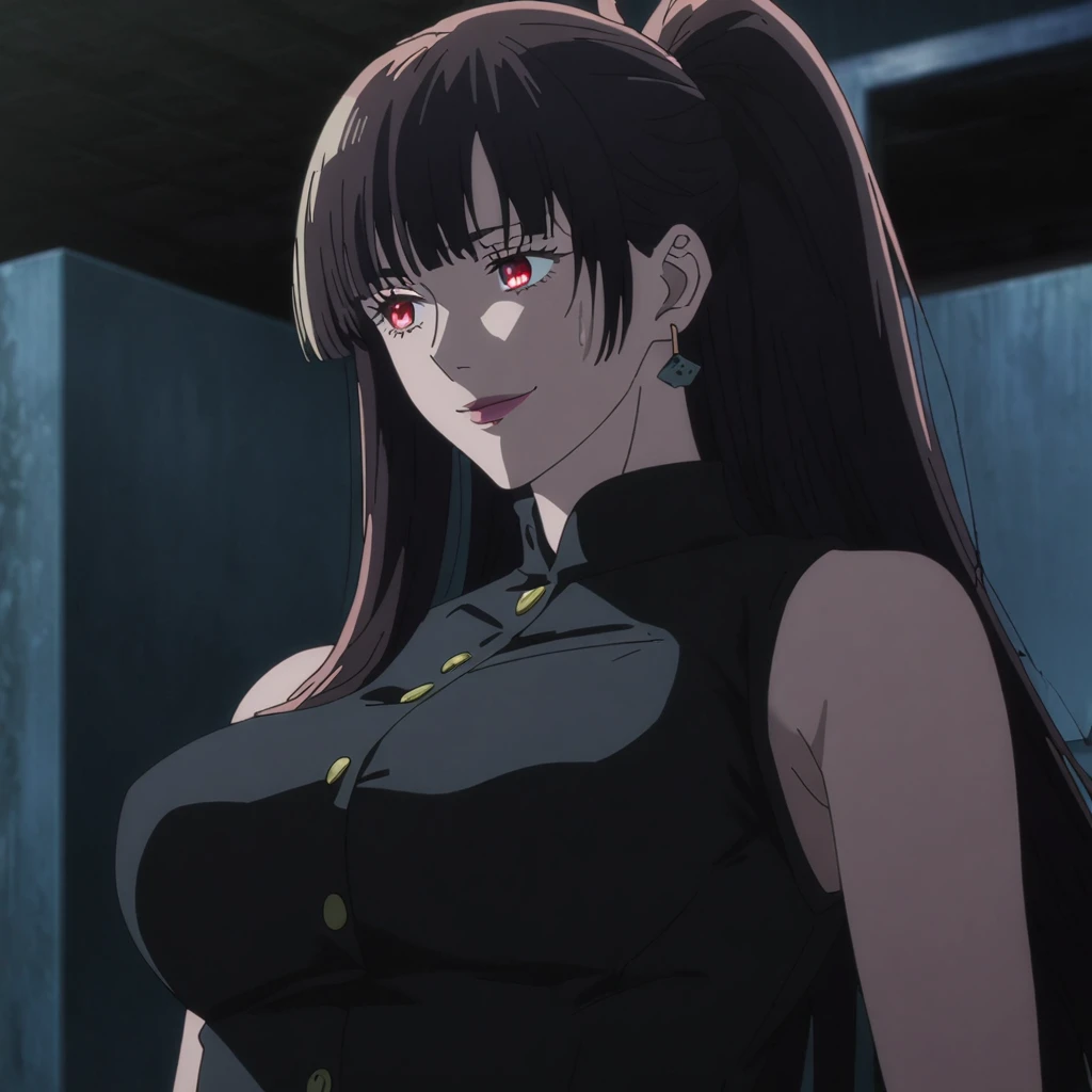 1girl, female gojo satoru, anime screencap from jujutsu kaisen, gojo satoru female version, solo, long_hair, Red eyes ((Black_hair)), night view, (hanging breasts) upper_body, smile, indoors, book, red_eyes, lips, (high ponytail) ((wearing black colour clothes with button)) breast, "very detailed and high resolution" (Red eyes) (cross arms) ((long hair)) ((solo)) (front view) (earings) ((high resolution)) ((good quality)) ((side bangs))