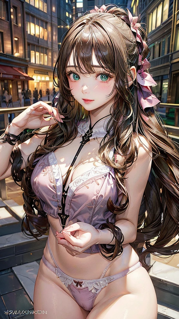 (masterpiece:1.3, Highest quality, Ultra-high resolution, Super detailed), (Realistic, photoRealistic:1.4), Beautiful illustrations, Perfect lighting, colorful, Depth of written boundary, Beautiful detailed hair, Beautifully detailed face, Beautiful fine details, Beautiful clavicle, Beautiful body, Beautiful breasts, Beautiful thighs, Beautiful feet, Beautiful fingers, View your viewers, 1 girl, Perfect Face, (Perfect Anatomy, Anatomically correct), Cute and symmetrical face, Baby Face, , Shiny skin, (Brown Hair), Hair between the eyes, Dark green eyes, Droopy eyes, Big eyes, Long Eyelashes, (((Luxury underwear)))、((Pink floral underwear))),(bra、Embroidery pattern)、(((panties、Embroidery pattern)))、(Beautiful views), Bright lighting、smile、laughing,(((semen)))、(((The whole body is visible)))