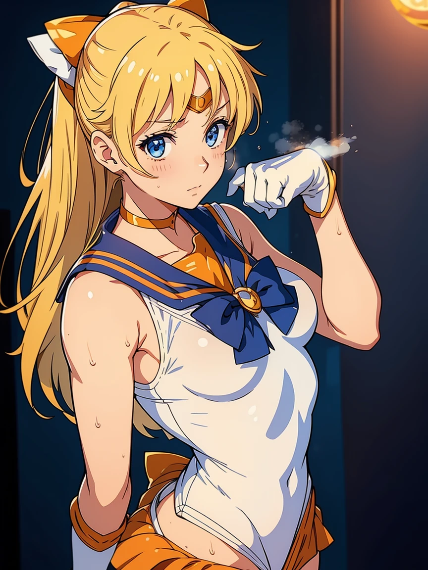girl, sweat, steam, medium breast, shy, detailed hand, looking at viewer, sailor venus