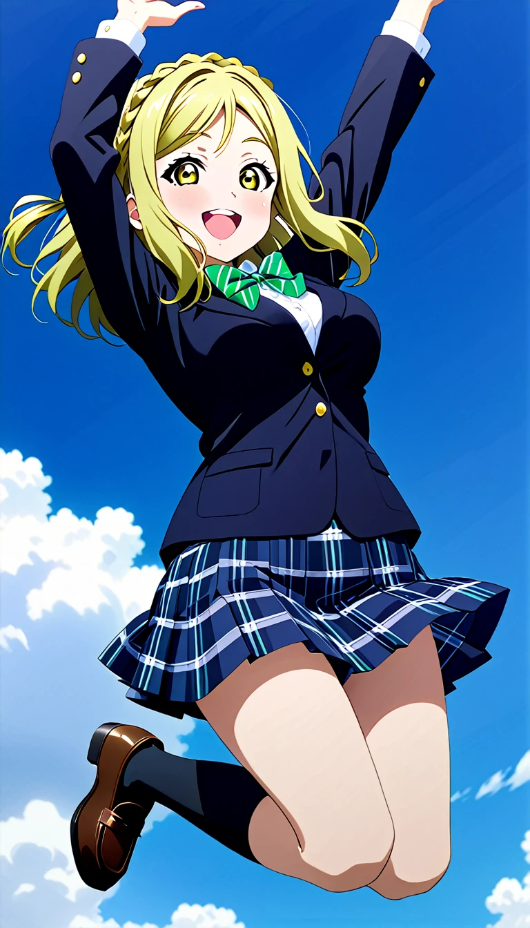  (1girl), (solo),ohara mari, love live! sunshine!, hair rings, blonde hair, yellow eyes, crown braid, medium hair, large breasts , otonokizaka ,winter uniform, green striped bow tie, navy blue blazer, pleated skirt, smile, striped bow, blue striped skirt, blush, plaid skirt, jumping ,arms hold up,from below,sky background :d, knee high socks, ,BREAK score_9, score_8_up, score_7_up, score_6_up, source_anime 
