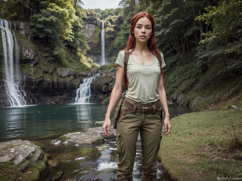 waterfall and Pools at 35 feet high, Vibrant red hair girl "She's very tall Extra long legs, Very skinny girl, ,  clothes Hiking pants and top in the colour of Brown khaki Gear," Standing knee high with white little dogs, Give this picture an Irish feel of an Irish countryside," Make all the water Bright blue She's got to be in hiking boots trousers and topance, With her hiking gear she has to be wearing a hiking knife around her waist for protection" Make the girl's face as realistic as possible give me any suggestions to make her more realistic looking" The left arm high in the air, Make the background greener, Make the haunting knife larger around her waist