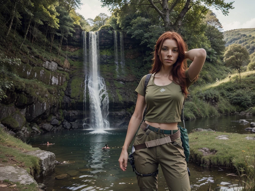 waterfall and Pools at 35 feet high, Vibrant red hair girl "She's very tall Extra long legs, Very skinny girl, ,  clothes Hiking pants and top in the colour of Brown khaki Gear," Standing knee high with white little dogs, Give this picture an Irish feel of an Irish countryside," Make all the water Bright blue She's got to be in hiking boots trousers and topance, With her hiking gear she has to be wearing a hiking knife around her waist for protection" Make the girl's face as realistic as possible give me any suggestions to make her more realistic looking" The left arm high in the air, Make the background greener, Make the haunting knife larger around her waist