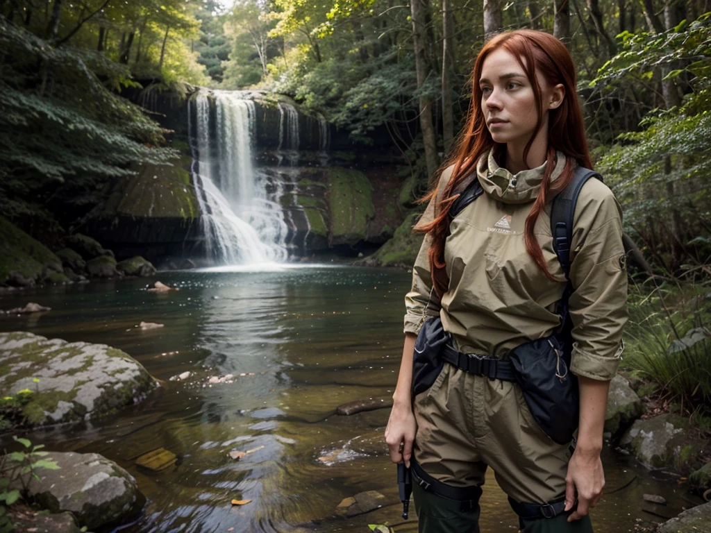 waterfall and Pools at 35 feet high, Vibrant red hair girl "She's very tall Extra long legs, Very skinny girl, ,  clothes Hiking pants and top in the colour of Brown khaki Gear," Standing knee high with white little dogs, Give this picture an Irish feel of an Irish countryside," Make all the water Bright blue She's got to be in hiking boots trousers and topance, With her hiking gear she has to be wearing a hiking knife around her waist for protection" Make the girl's face as realistic as possible give me any suggestions to make her more realistic looking" The left arm high in the air, Make the background greener, Make the haunting knife larger around her waist