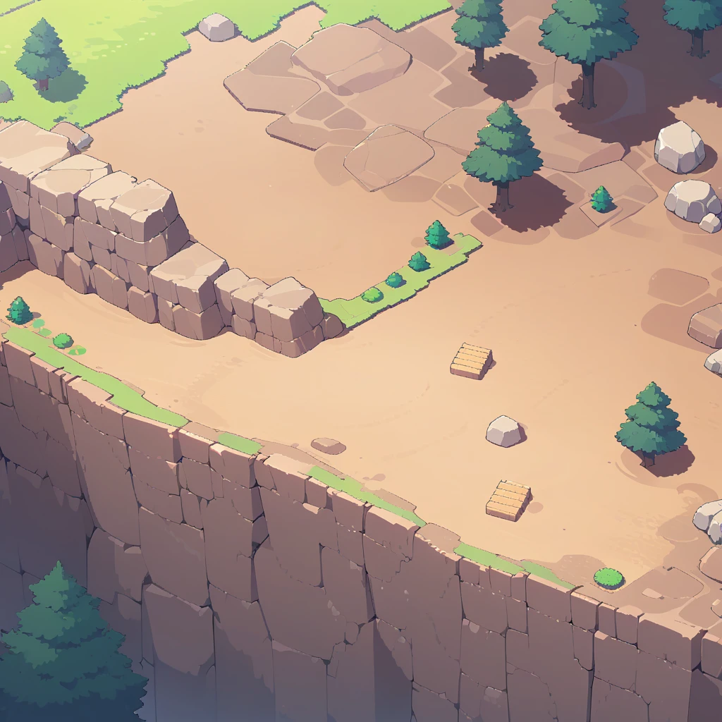 retro video game style,pixelated vibran colors,8-bit characters,blocky shapes,sharp lines,detailed shading,classic gaming vibe,nostalgic atmosphere,classic arcade games,masterpiece:1.2,ultra-detailed,illustration style, 2d texture, stone texture, 4 k seamless mud texture, video game texture, dirt texture, game tileset, grass, 3/4th perspective trees, cliff formation game tileset, cliff texture game tileset, 3/4th perspective forest, topdown view, game texture, game art, dirt, , tileable texture, top down view, 3/4th perspective
