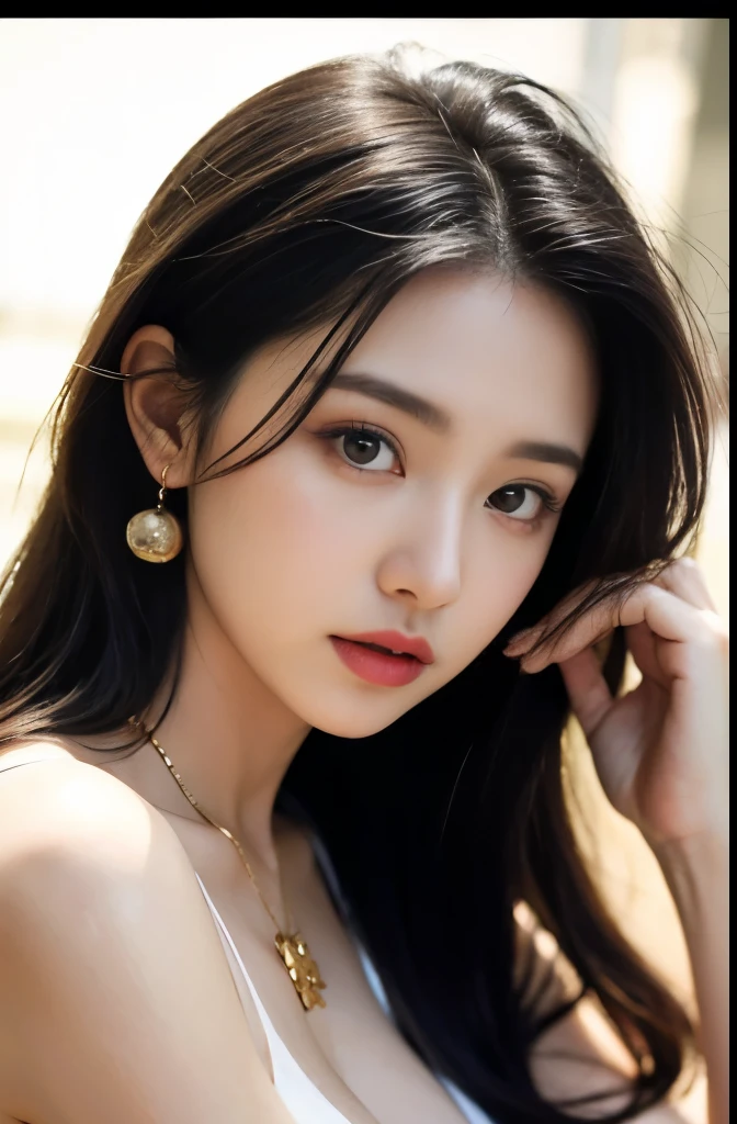 (masterpiece:1.3), (8 thousand, realistic, RAW photos, best quality: 1.4), (1 woman),(very sexy), (Beautiful makeover), (유난히 아름다운 realistic 얼굴), (Build a beautiful body) , (long eyelashes),  (double eyelid), (black hair. parted, long hair:1.3), (아름다운 parted스타일), (Realistic and truly beautiful and delicate eyes), (beautiful and big breasts), (realistic and beautiful skin), (absurd), (attractive), (ultra high resolution), (extremely realistic), (very detailed), (golden ratio),   (necklace),  (earring), (So beautiful and sexy)