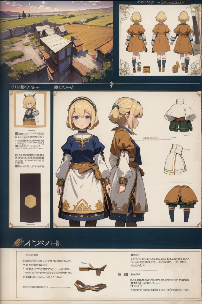 line-art, art book, design sheet, 8k, best quality, design, equipment design, geometry, fashion, 8k, ultra-detailed, fantasy villager girl, anime girl, blonde hair, peasant girl, thin girl