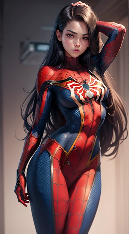 Beautiful girl, hot girl, detailed face, detailed eyes, detailed hair, detailed body, hanging , change background, 8k, ((Spiderman)) Spiderwoman, full body cover shuit, Spiderman