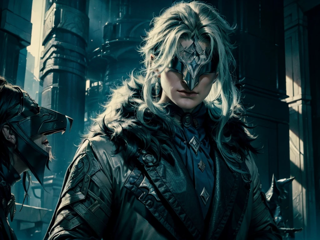 A muscle man in realistic portrait of high quality and detail, 2000's movie style, Dottore (Genshin Impact), He has long blue hair and wears a black pointed mask covering his eyes. He is wearing a white coat with silver inserts over a blue shirt and loose black trousers. There are a lot of black belts and blue details on the clothes. Dottore wears black fur, which is attached to the right shoulder pad, resembling a plague doctor mask. dark and mysterious atmosphere, pale skin, glow, 1man, fantasy, Depth & Perspective, Mystical powers, fine face, he standing on a hill, outside, burning forest in the background, a fiery sky, a cloud of ashes, looking at viewer, (ultra-high detail:1.2), Masterpiece, Best Quality, Ultra-detailed, Cinematic lighting, 8K, delicate features, cinematic, 35 mm lens, f/1.9, highlight lighting, global lighting –uplight –v 4, cinematic, intense gaze, Cinematic lighting, 8K, high quality, Highest Quality, (Solo Focus), (extremly intricate:1.3), (Realistic), dramatic, masterful, Analog style, (Film grain:1.5), (warm hue, cold tone)