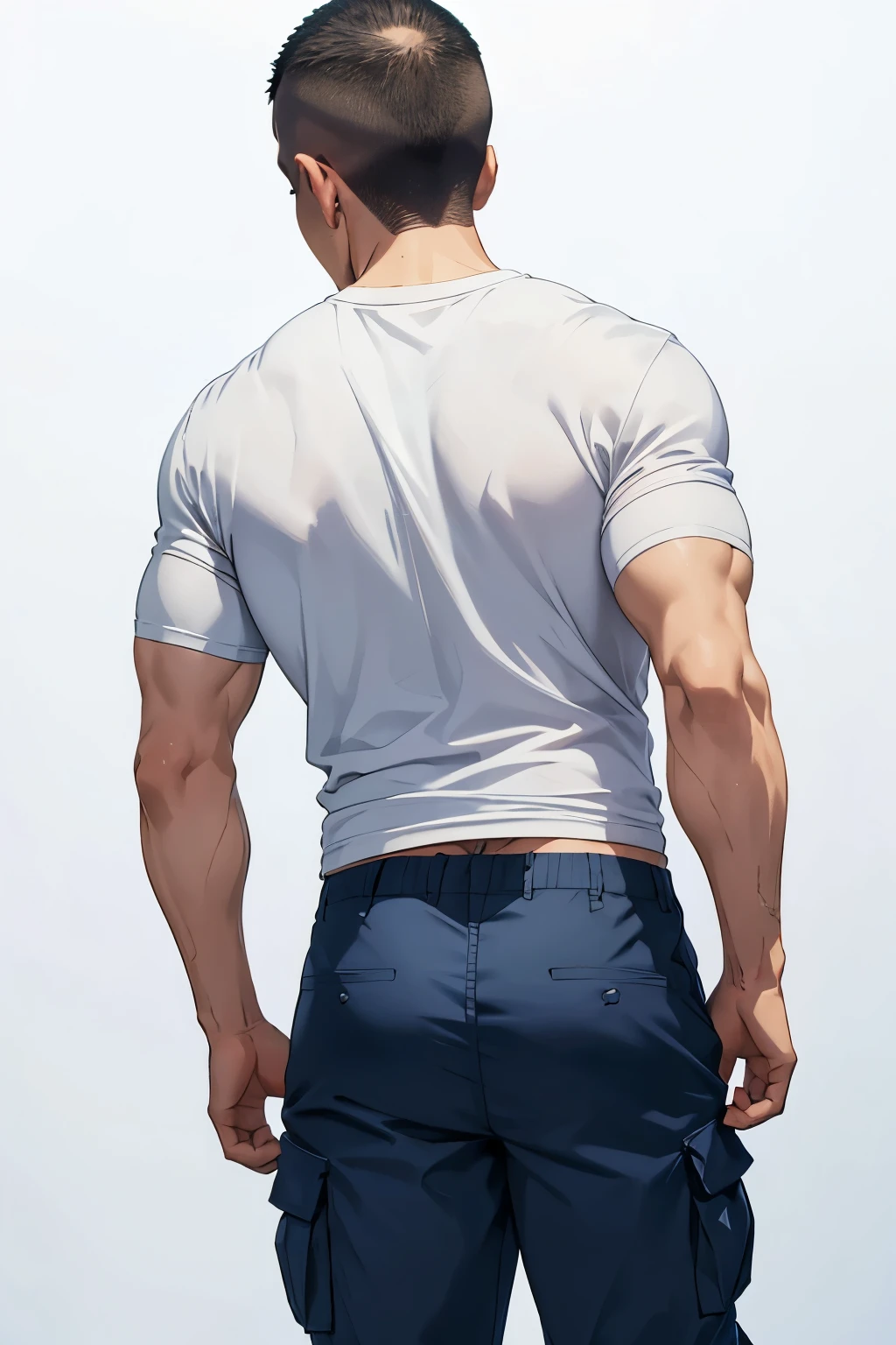 Back view of a 47-year-old middle-aged man、Short Hair、Shaved head、White T-shirt and navy blue cargo pants、A little muscular、