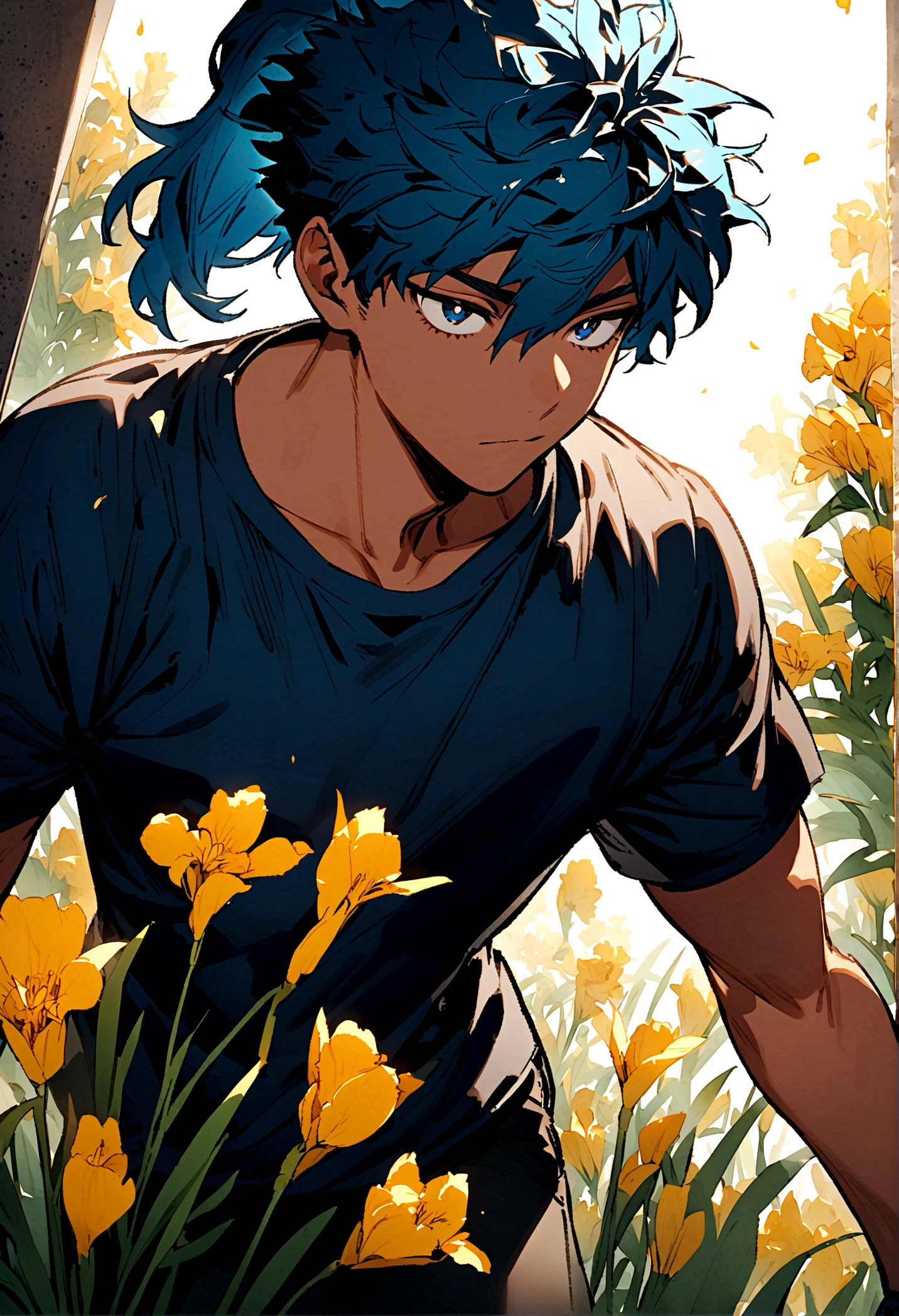 My Hero Academia Capture male with blue hair and a ponytail, golden irises, dark pale blue t shirt and black shorts, dark skin
