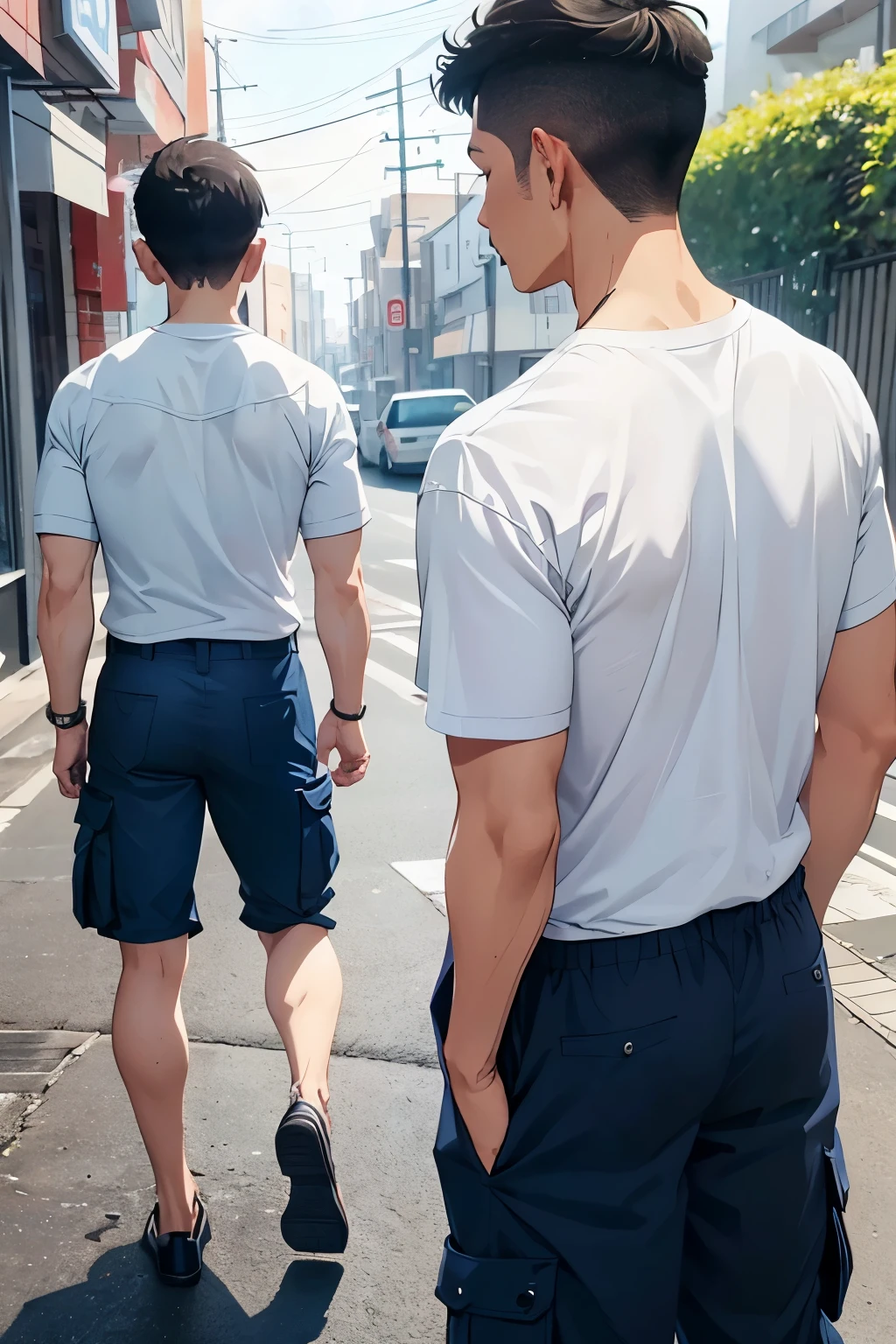 Back view of a 47-year-old middle-aged man、Short Hair、Shaved head、White T-shirt and navy blue cargo pants、A little muscular、