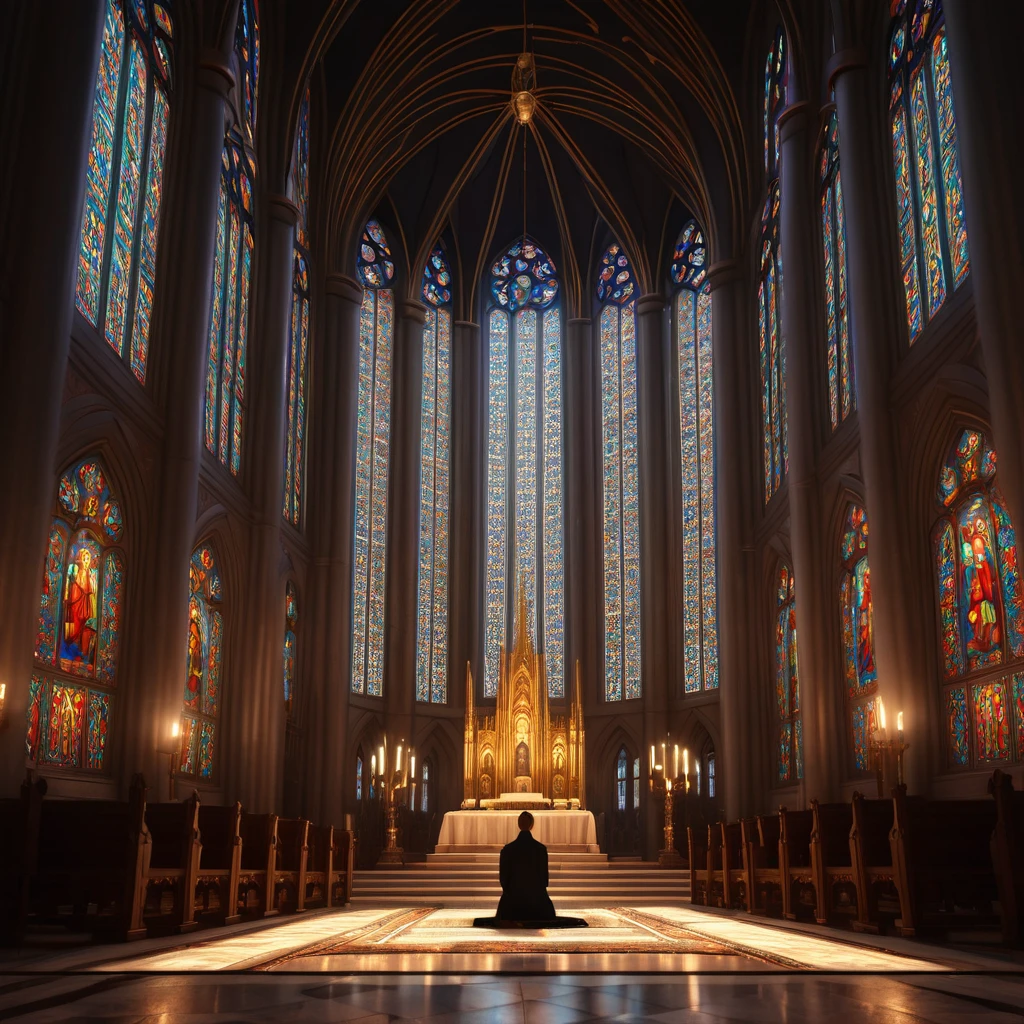 A person praying in a sacred cathedral interior, ornate architectural details, stained glass windows, warm lighting, religious iconography, divine light beams, heavenly atmosphere, cinematic composition, realistic 3D rendering, dramatic chiaroscuro lighting, intricate details, photorealistic, ultra-detailed, masterpiece