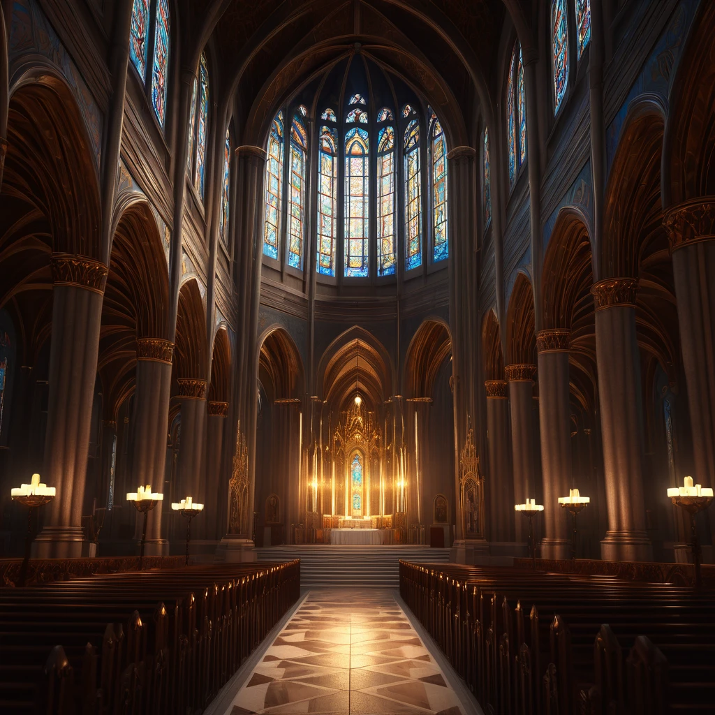 A person praying in a sacred cathedral interior, ornate architectural details, stained glass windows, warm lighting, religious iconography, divine light beams, heavenly atmosphere, cinematic composition, realistic 3D rendering, dramatic chiaroscuro lighting, intricate details, photorealistic, ultra-detailed, masterpiece
