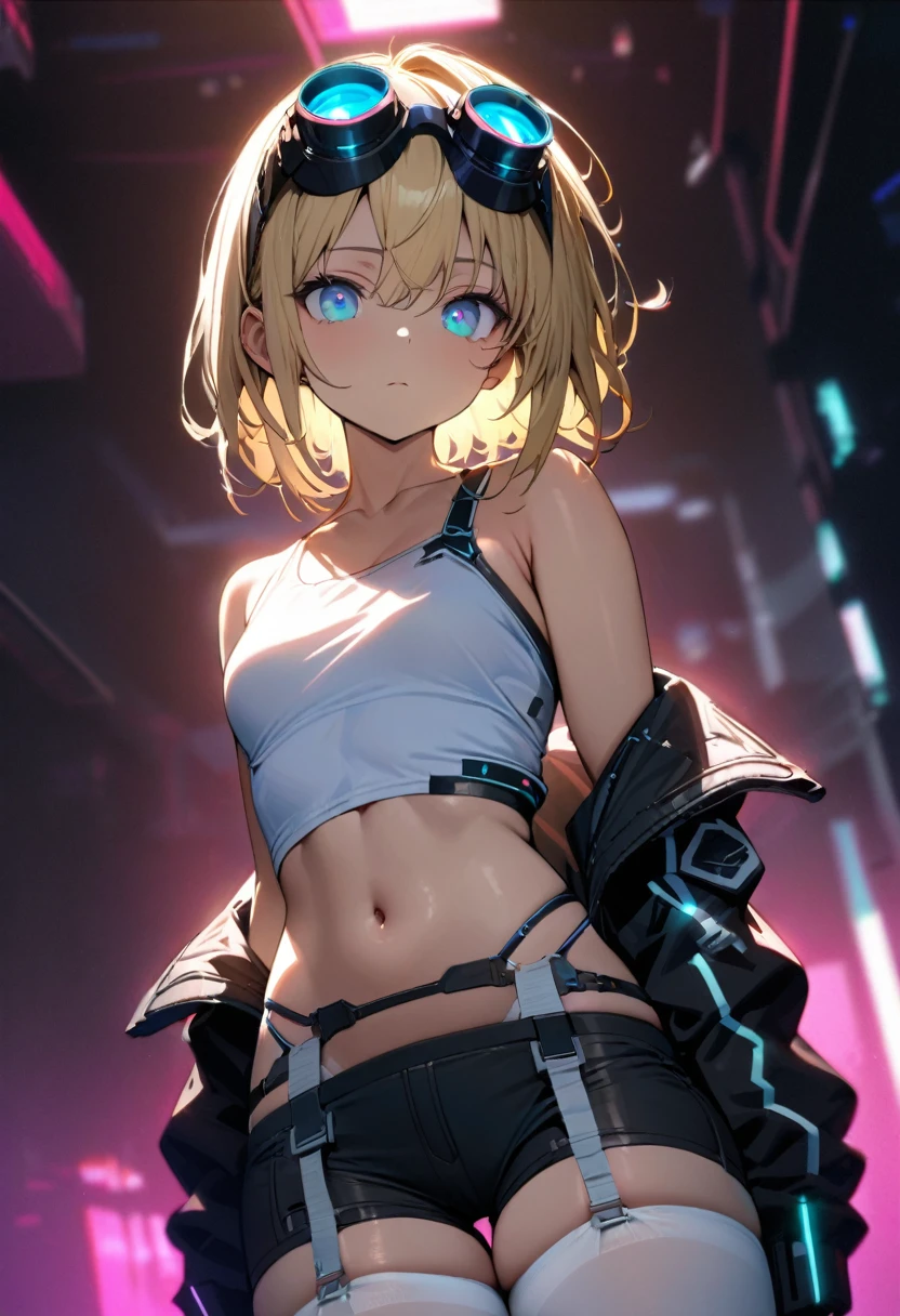 a handsome girl, solo, blond hair, asymmetrical bob, blue eyes,(bright eyes:1.2),
cyber punk black jacket, white tank top, goggles on head,
[navel], off shoulder, open jacket, black shorts, garter rings, white tights,
expressionless, blurry background, perfect lighting, perfect angle, masterpiece, best quality, extremely detailed face,