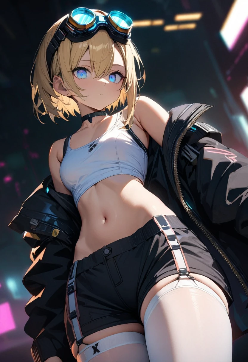 a handsome girl, solo, blond hair, asymmetrical bob, blue eyes,(bright eyes:1.2),
cyber punk black jacket, white tank top, goggles on head,
[navel], off shoulder, open jacket, black shorts, garter rings, white tights,
expressionless, blurry background, perfect lighting, perfect angle, masterpiece, best quality, extremely detailed face,