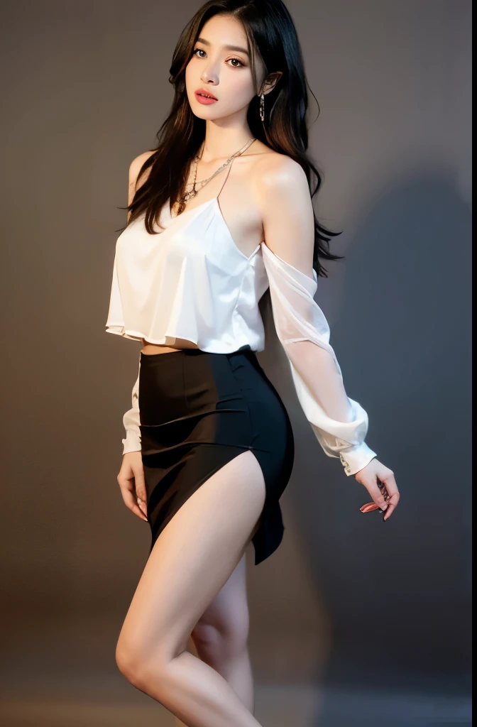 (masterpiece:1.3), (8 thousand, realistic, RAW photos, best quality: 1.4), (1 woman),(sheer silk blouse), (short skirt), (양쪽 다리에 realistic 팬티 스타킹), (Wearing high heels on both feet), (full body shot), (standing), (Beautiful makeover), (very beautiful body) , (Realistic and very beautiful face), (long eyelashes), (double eyelid), (Realistic, delicate and very beautiful eyes), (big bust) , (Strong body through exercise), (beautiful abs), (Beautiful heaps), (tall), (such a beautiful body), (black hair. parted, long hair:1.3), (아름다운 parted스타일), (realistic and beautiful skin), (absurd), (attractive), (ultra high resolution), (extremely realistic), (very detailed), (golden ratio), (Two long, realistic and beautiful legs), (realistic 팔), (necklace), (earring),(beautiful nails manicure), (So beautiful and sexy), (perfect secretary look)