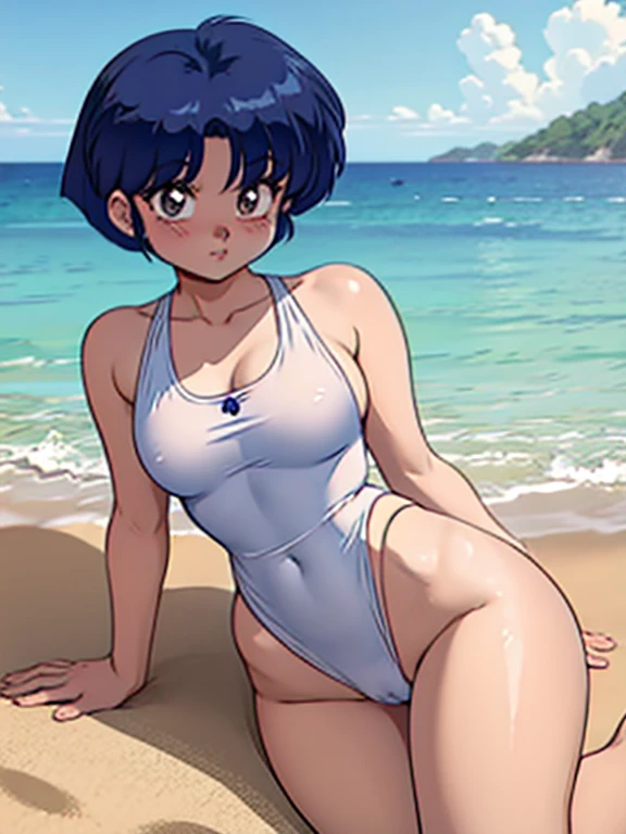 akane_tendo-ranma, precious girl posing sexy, white swimsuit, cameltoe, blush, beach, sunny day