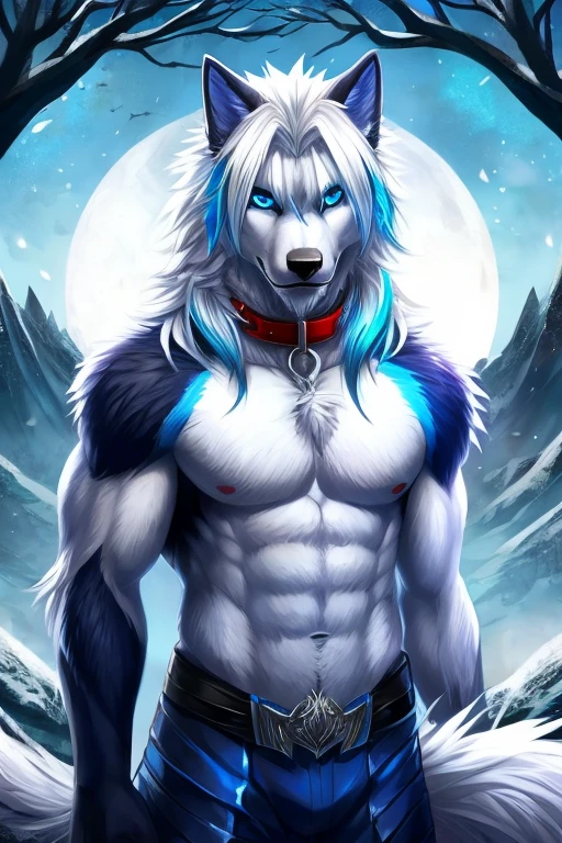 werewolf, with all white fur, white hair with blue highlights, blue eyes, with blue tail,
with a red collar