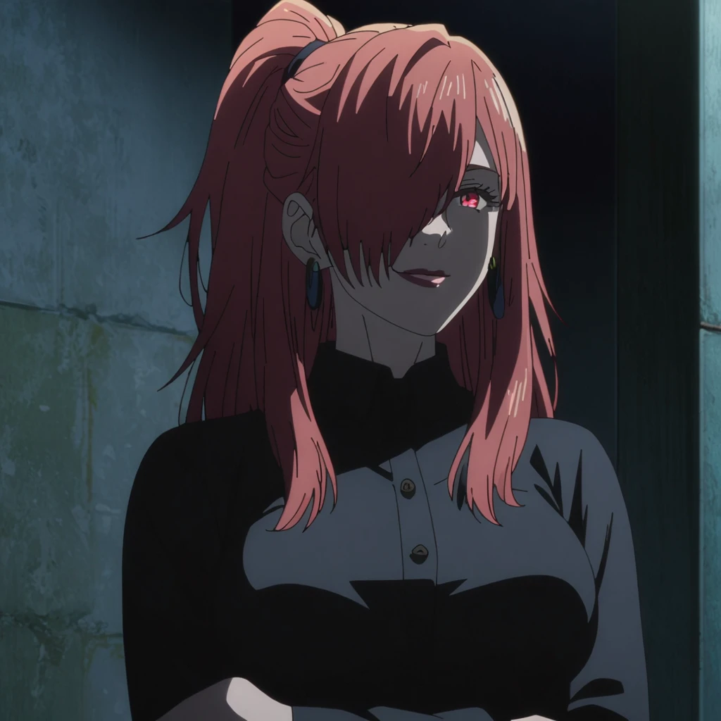 1girl, female gojo satoru, anime screencap from jujutsu kaisen, gojo satoru female version, solo, long_hair, Red eyes (red_hair)), night view, (hanging breasts) upper_body, smile, indoors, book, red_eyes, lips, (high ponytail) ((wearing black colour clothes with button)) breast, "very detailed and high resolution" (Red eyes) (cross arms) ((long hair, hair over one eyes)) ((solo)) (front view) (earings) ((high resolution)) ((good quality)) ((side bangs))
