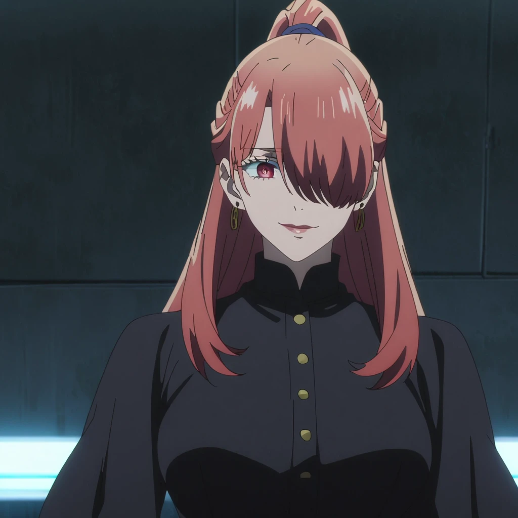 1girl, female gojo satoru, anime screencap from jujutsu kaisen, gojo satoru female version, solo, long_hair, Red eyes (red_hair)), night view, (hanging breasts) upper_body, smile, indoors, book, red_eyes, lips, (high ponytail) ((wearing black colour clothes with button)) breast, "very detailed and high resolution" (Red eyes) (cross arms)  ((long hair, hair over one eyes)) ((solo)) (front view) (earings) ((high resolution)) ((good quality)) ((side bangs))