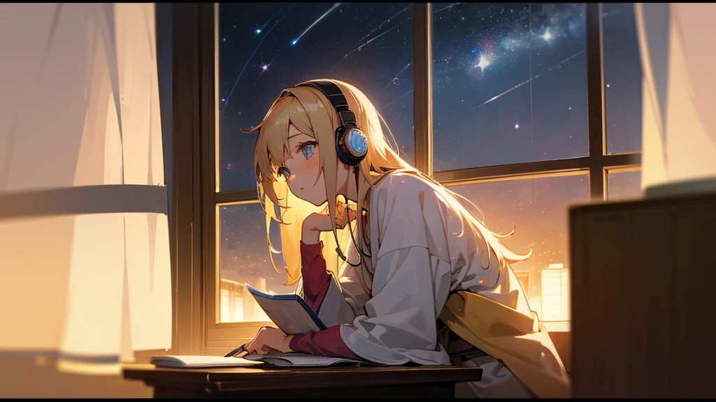 A beautiful girl studying while listening to music with headphones in the room, warm lighting, the starry sky spreads outside the room, Japanese anime style
