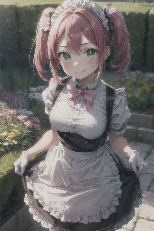 (masterpiece), Highest quality, (((Super detailed, 8K quality))), Expressive eyes, Perfect Face, Perfect Anatomy, Perfect body, scene, Hanabishi Haruka, Twin tails, (Green Eyes:1.3), Pink Hair, smile,  garden, Knee socks, gloves, dress, bow, Magical girl, pink gloves, close Portraiture, Maid, Maid headdress, smile, Skirt Hold, garden, Portraiture, close, Purple Hair