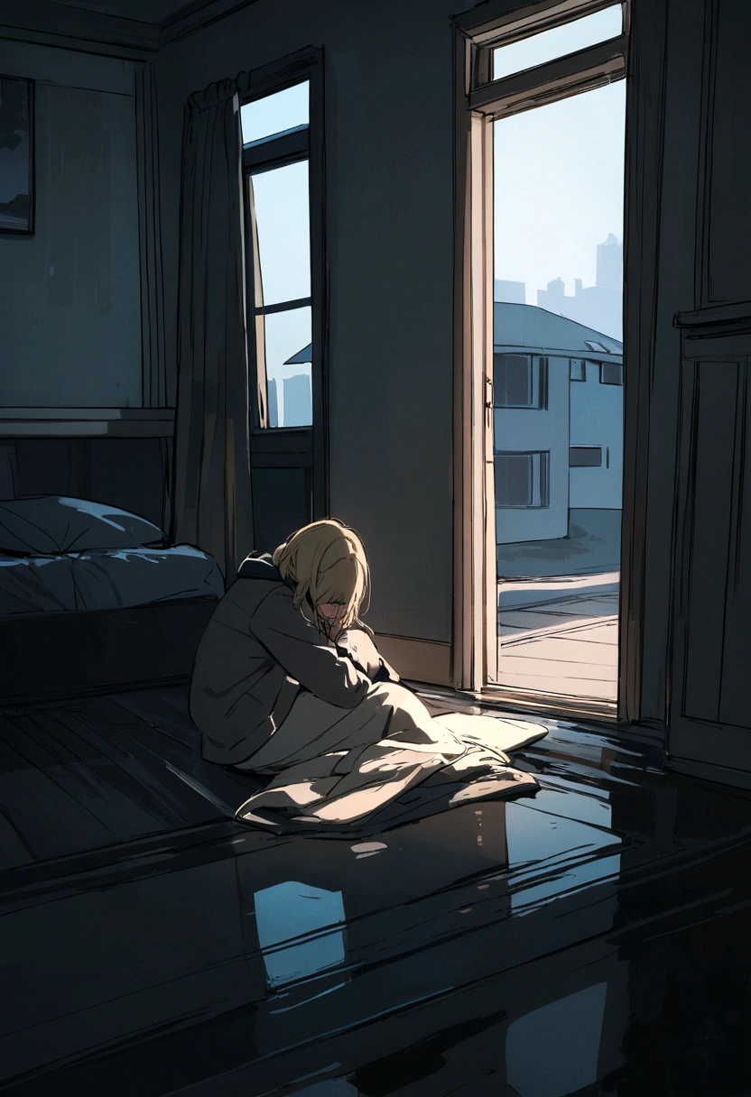 Blonde crying on the floor modern house background