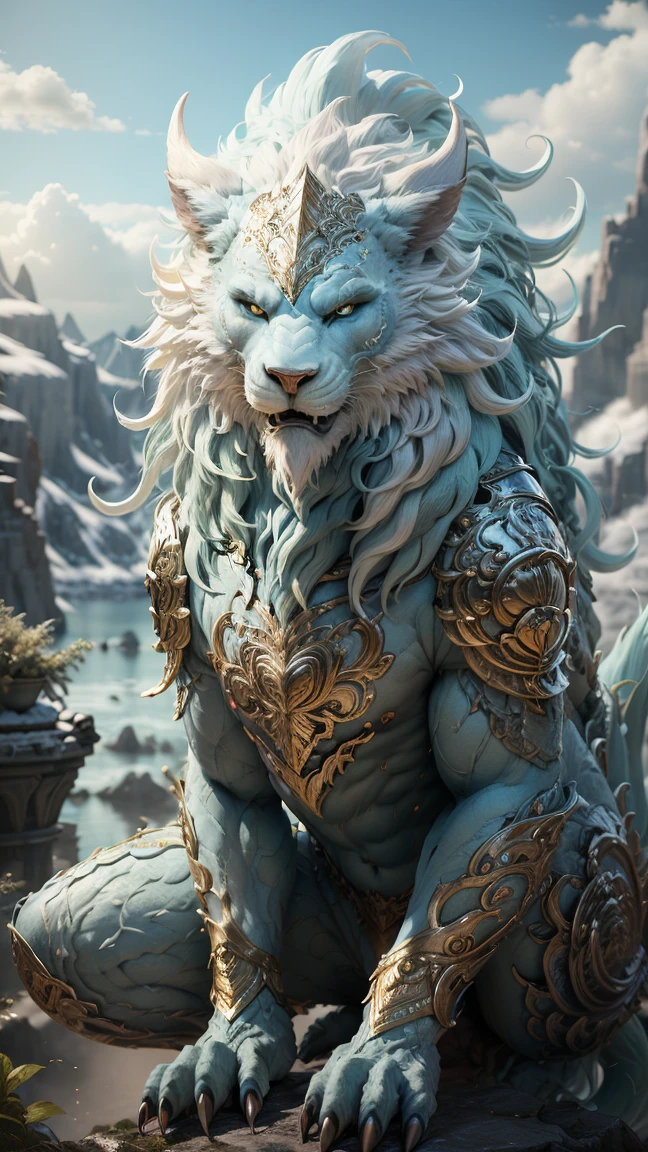 Great Wilderness East Meridian,dream-state、fanciful、A mythical beast anthropomorphic、banya,tmasterpiece,Toenails,pale-blue,sickle,safe,Layered hair,flame,white colors,Fur,pastel green,metall armour,Ultra-high resolution,high high quality,Export details