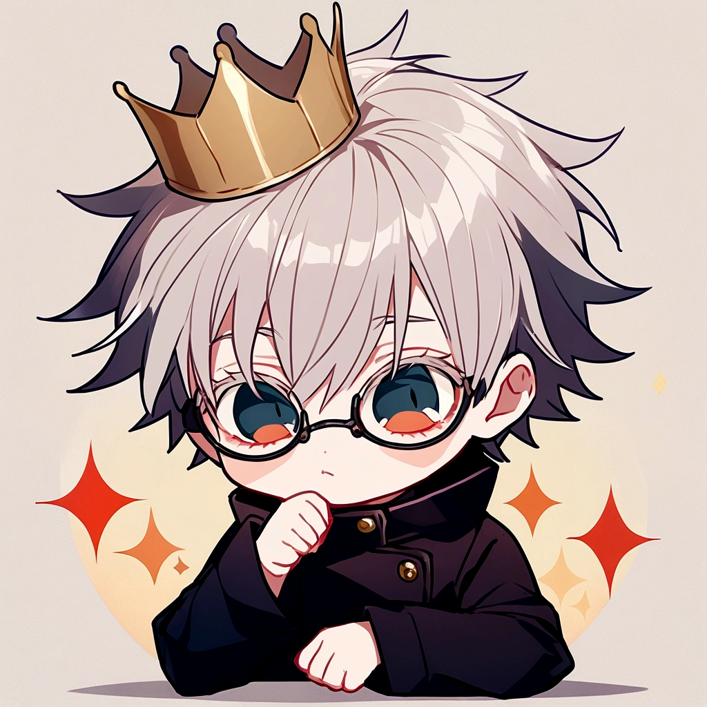 Create an image of Satoru Gojo from Jujutsu Kaisen with a crown on his head.