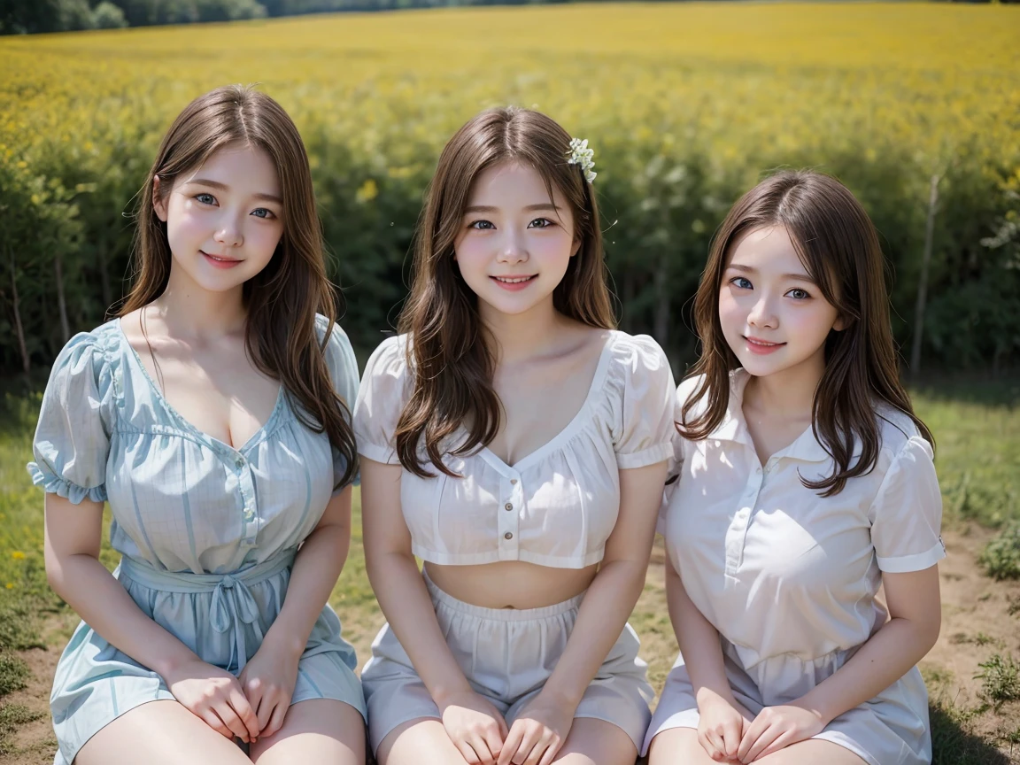 (3 girls), Young faceอินโดนีเซีย, 12 years,smile, white skin, Round breast, blue eyes,(( A white shirt reveals her breasts. ))Masterpiece, Highest quality, 8K, beautiful girl, Young face、 photography, Cute face, thigh,In the meadow, Embarrassing、รอยsmile、((((((อายุ 12 years))))))、small waist、 ((Busty breasts))