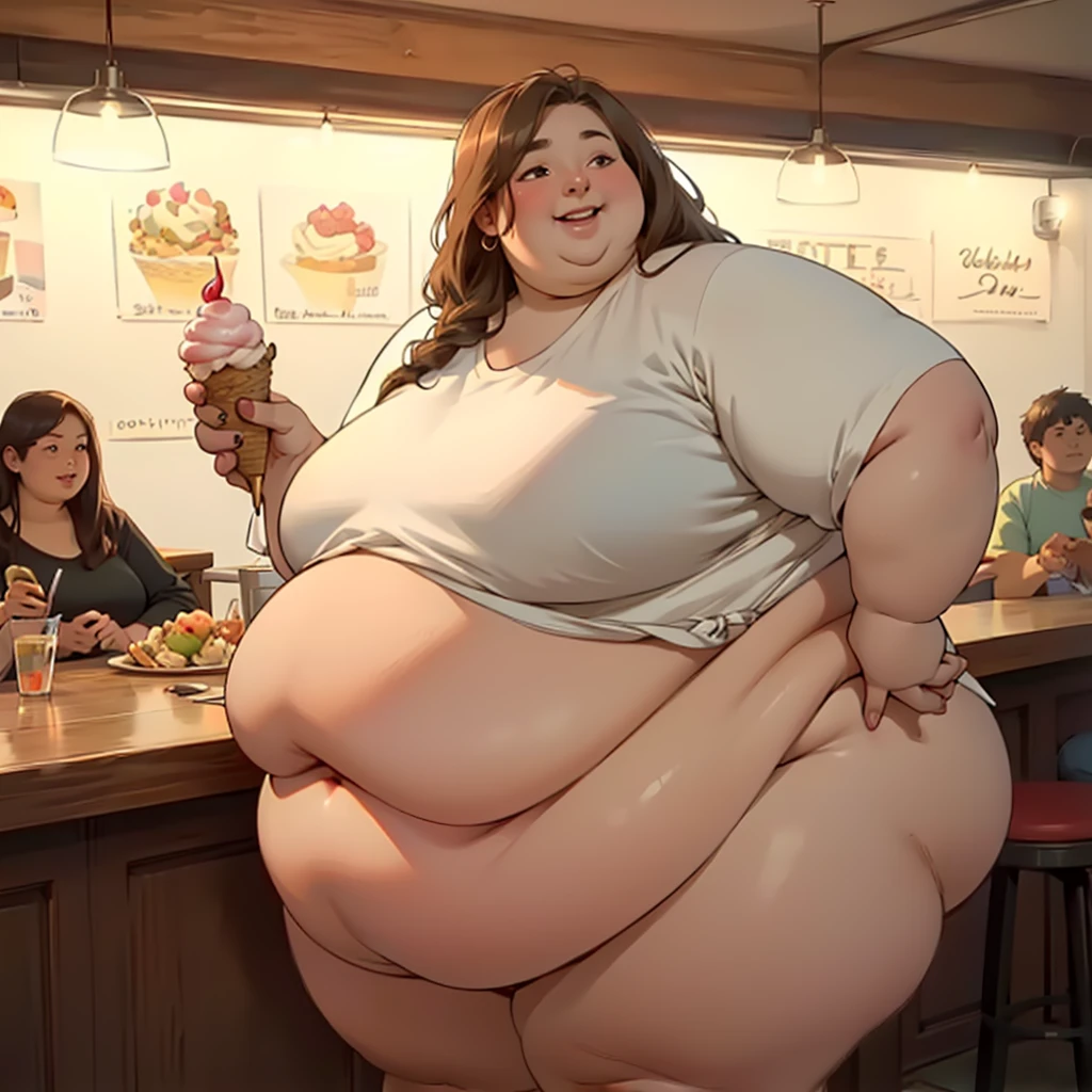 (masterpiece, detailed, realistic:1.2), young woman, (beautiful realistic face), USSBBW, (morbidly obese, fatblob:1.3), gigantic belly, sagging belly, high aesthetic, ginger long hair, enthusiastic, cute smile, (holding ice cream cones), ice cream parlour