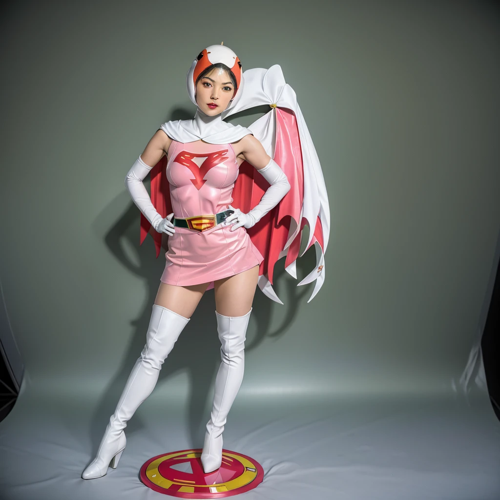 ANI_CLASSIC_jun_gatchaman_ownwaifu,1girl, 15 years old,good anatomy, masterpiece, best quality,realistic, hyperrealistic, 16k hdr,breasts,green eyes,lips,large breasts,lipstick,makeup,gloves,cape,helmet,belt,elbow gloves,white gloves,mask,ultra miniskirt,leotard,spacesuit,white tight overknee highheels boots,pink dress,superhero,bodysuit,cleavage,erected nipples,((stand poses,hands on hip)),cameltoe