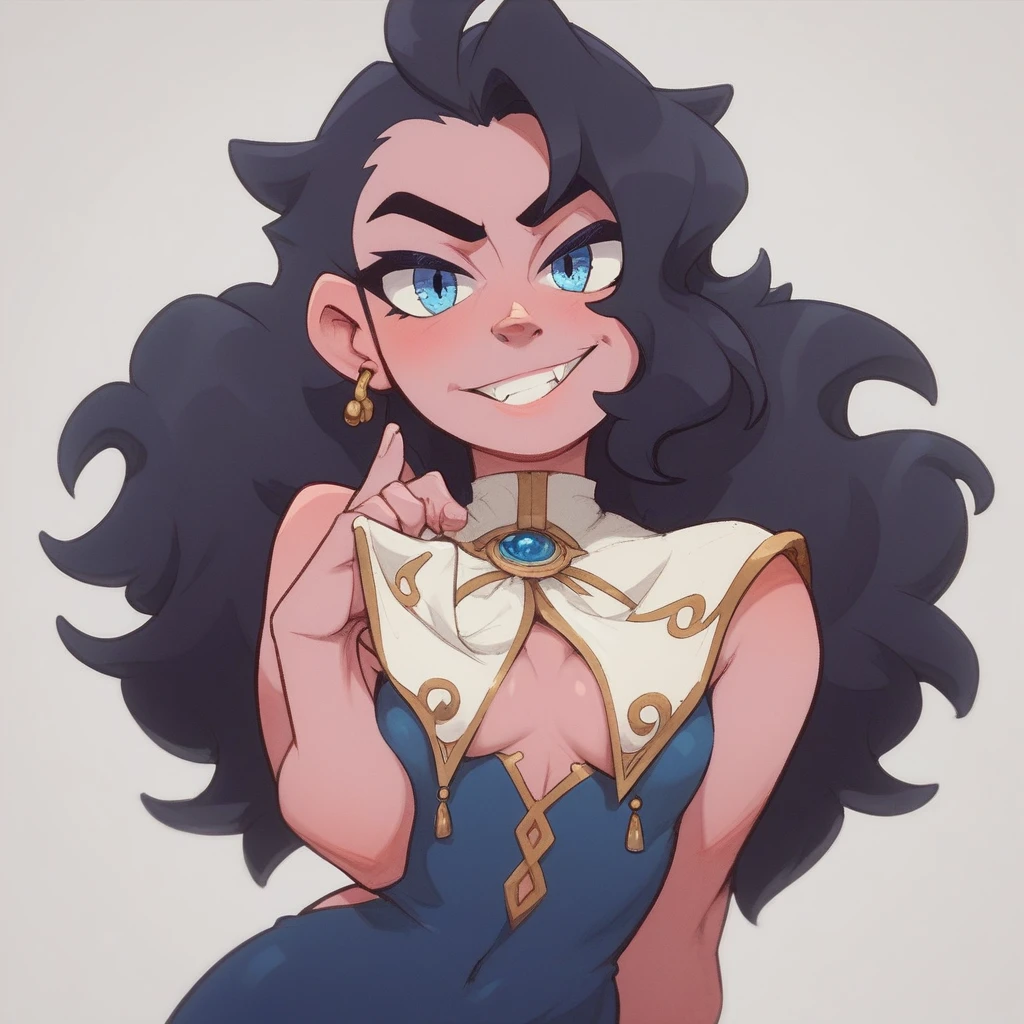 Ralph Bakshi Style, Curvy blue eyed girl with long wavy black hair and small breasts, classy dress, breast curtains, sneering