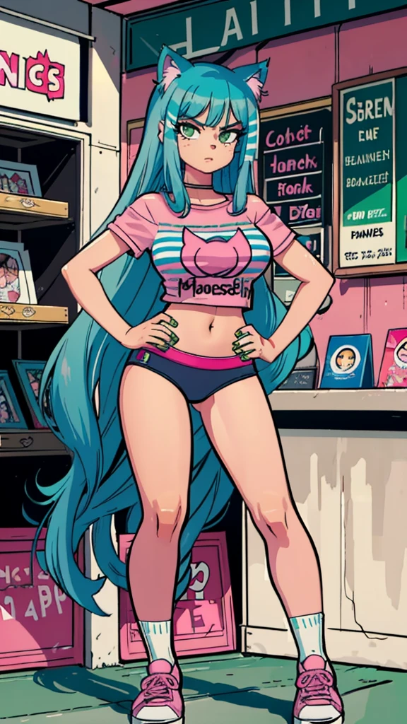 Masterpiece, best quality, high resolution, 1 woman, Long blue hair with pink stripes, smooth, green eyes, Bored face , cat ears , pink t-shirt , black bikini , abdomen, big breasts , Long legs , stand on your hips , canvas shoes , convenience store