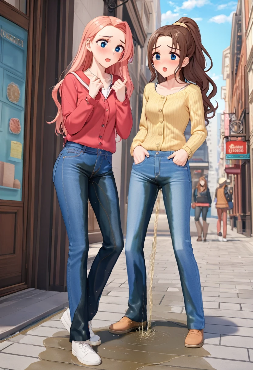 ((best quality, masterpiece:1.3, 8K)), (detailed), highly detailed face and skin texture, detailed eyes, downtown, full body, slender body, 2girls, 25 years old, white skin, bright lips, scared, worried, embarrassed, panicking, long hair, (forehead:1.0), jeans pants, flares jeans, blue jeans, peeing jeans, peeing pants, pee stain, (wetting herself:1.5, desperation:1.5),